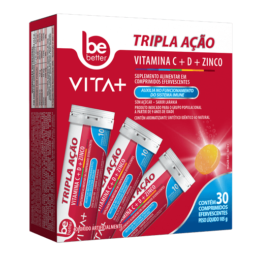 Suplemento Alimentar Vita+ Vitamina C + D + Zinco Efervescente Tripla Ação 30 unidades